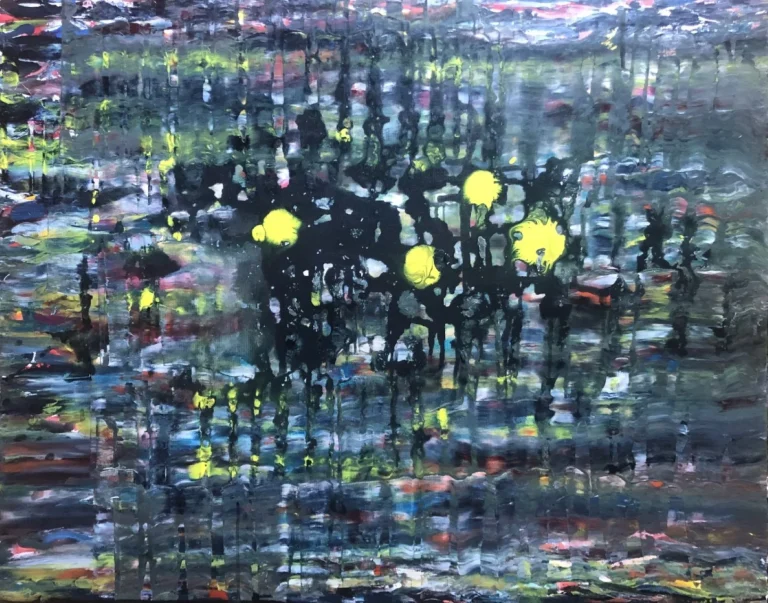 Peinture de Roy G. Sfeir intitulée "4 Points Jaunes Lumineux " réalisée en 2024 , acrylique sur toile aux dimensions 80 x 100 cm est une belle composition avec ces quatre points lumineux dans l eau…