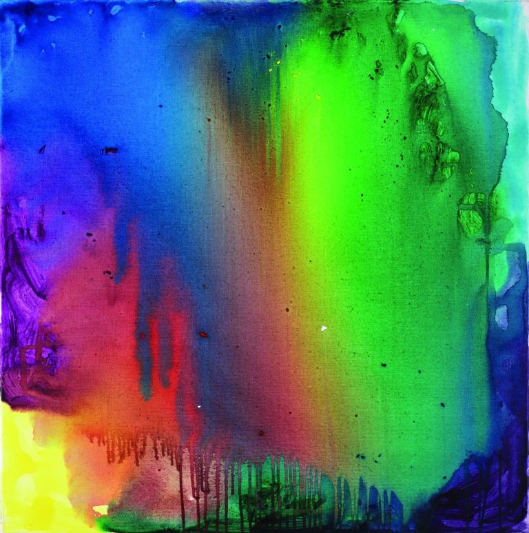 Tableau abstrait de Roy G Sfeir, Arc en ciel, 2021, acrylique sur toile, 80 x 80 cm, belle prouesse technique à faire d’ un seul jet autant de couleurs, peinture carrée joyeuse.