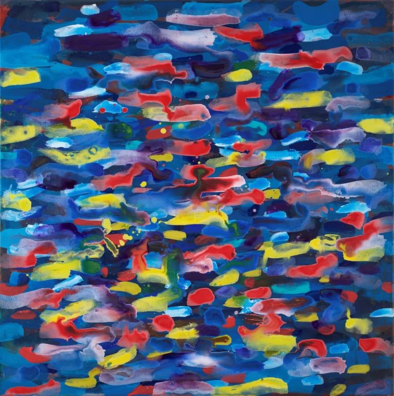 Tableau abstraite de Roy G Sfeir, Etincellement, 2021, acrylique sur toile, 80 x 80 cm, festival de couleurs et de formes, ici agencées à l'horizontal, surface de l’eau ? Belle énergie …