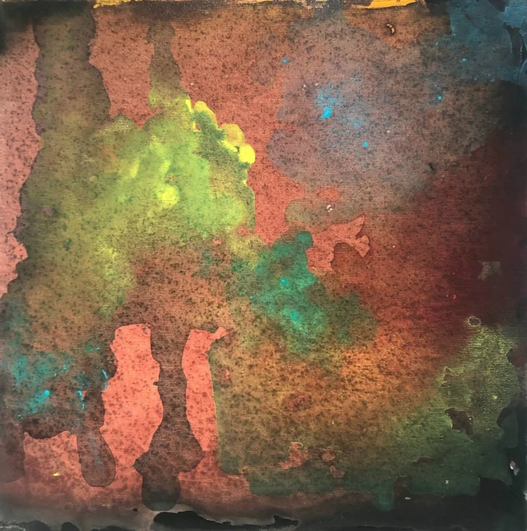 La peinture intitulée " L'arbre jaune et vert " au format 40 x 40 cm, réalisée en 2025 par l'artiste Roy G. Sfeir est une composition d’abstraction lyrique suggérant un arbre.