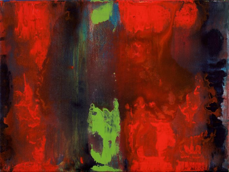 Peinture abstraite de Roy G Sfeir, Méditation, 2022, acrylique sur toile, 30 x 40 cm, le rouge chaleureux nous interpelle, le vert, une ponctuation….