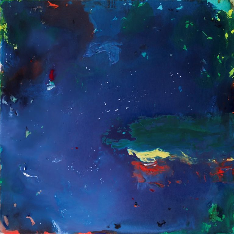 Peinture abstraite de Roy G Sfeir, Nuit étoilée II, 2022 acrylique sur toile, 80 x 80 cm, composition carrée avec une dominante bleue, multitude de points et de tâches de couleurs vives, tonifiantes.