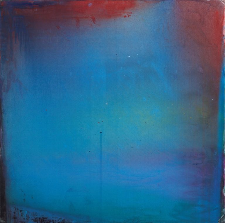 Tableau de Roy G Sfeir intitulé " Nuit Silencieuse 2022 ", acrylique sur toile au format 100 x 100 cm, avec un vaste ciel à la tombée de la nuit, quelques rares lueurs de soleil, belle composition carrée, invitation à la poésie et à la méditation.