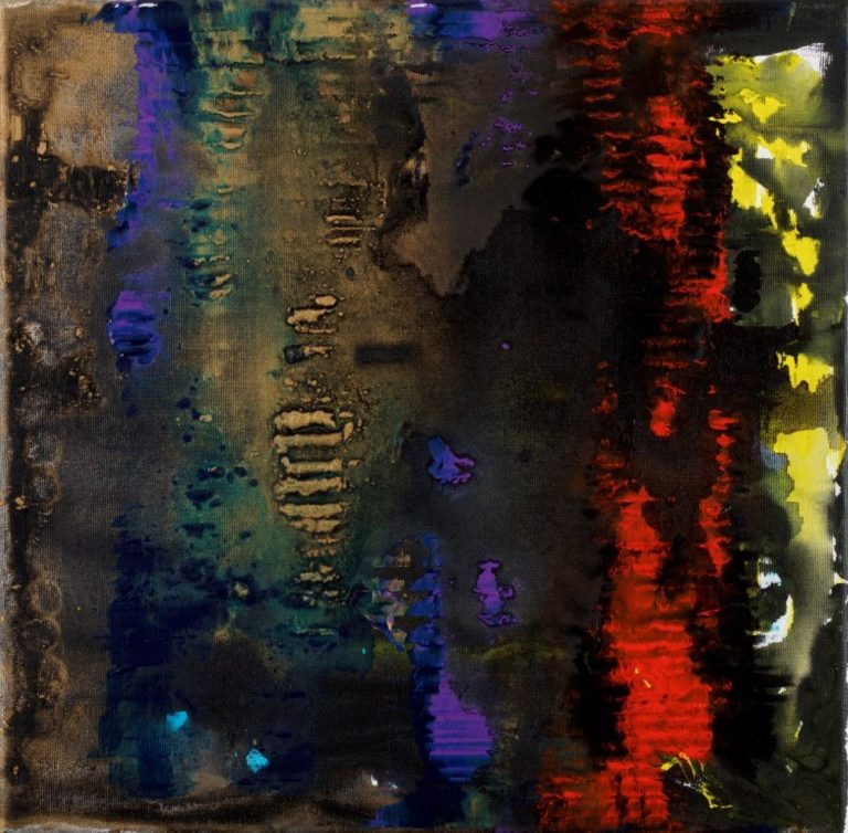 Tableau abstrait de Roy G Sfeir, Sans titre 4, 2022, acrylique sur toile, 40 x 40 cm, dans des couleurs marron, noir avec un peu de rouge et jaune, peinture carrée.