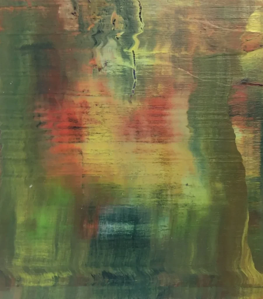 Sans titre, acrylique sur bois au format 17 x 15 cm réalisé par Roy G. Sfeir en 2025, représente un paysage abstrait, inspiré par la nature, les couleurs rapides suggèrent la notion de vitesse.