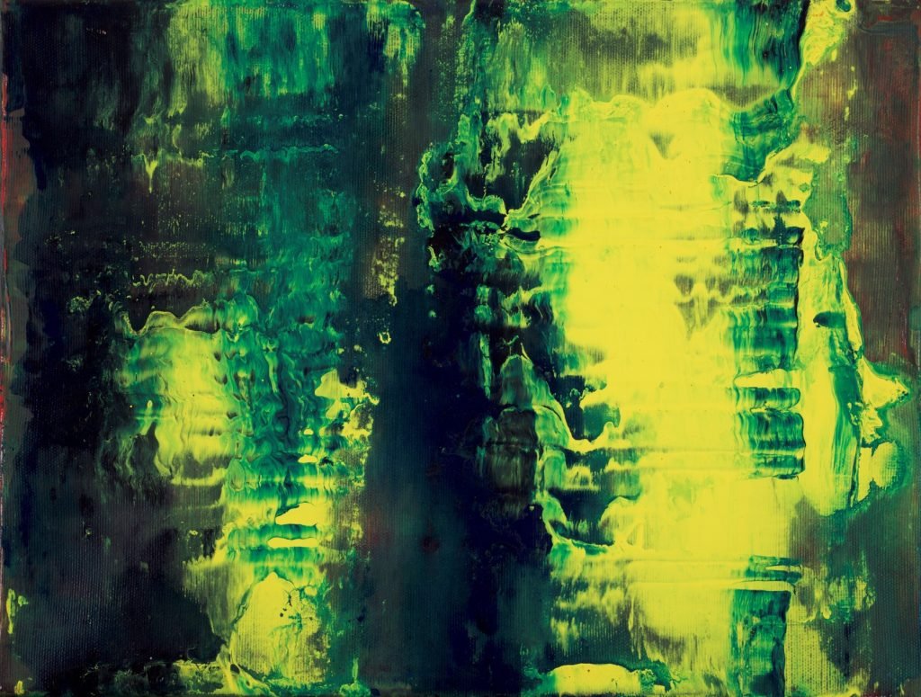 Peinture abstraite Roy G Sfeir, Tensions, 2022, acrylique sur toile, 30 x 40 cm, couleurs rythmes, jaune et vert, une force certaine.