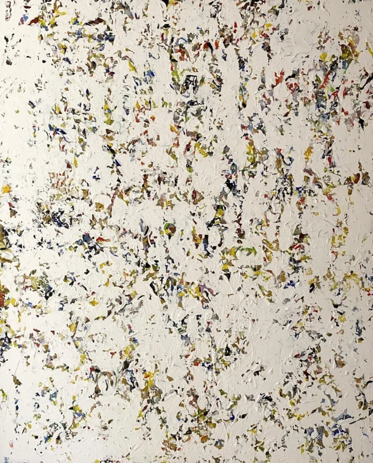 Peinture intitulée "Blanc 2018", acrylique sur toile au format 100 x 81 cm. avec une épaisse couche de blanc qui vient couvrir une première composée de couleurs vairées vives , jaune,vert, bleu, rouge et noir….