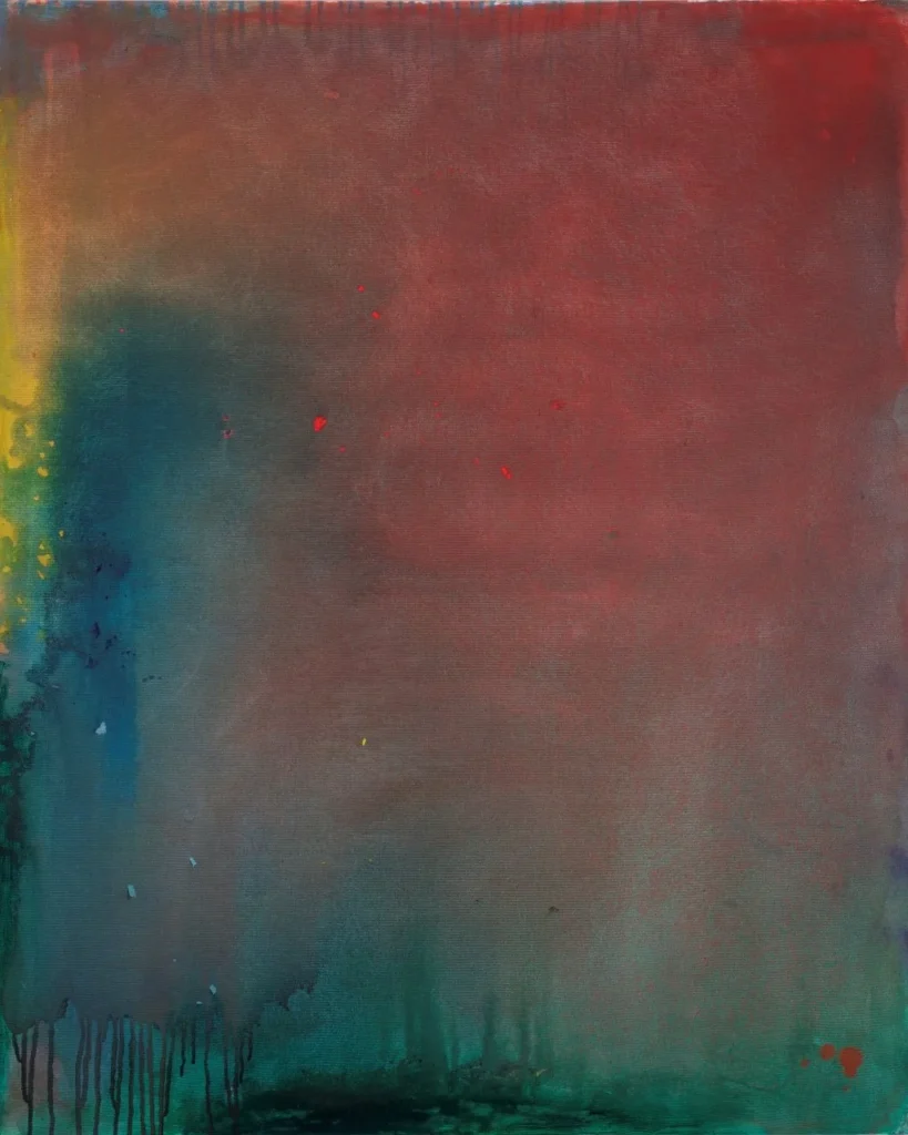 Chaleur et fusion, 2022, acrylique sur toile, au format 100 x 80 cm, réalisée par l'artiste Roy G Sfeir, est une belle composition à dominante rougeâtre et vert vers le bas. On aperçoit des tâches jaunes sur le côté.
