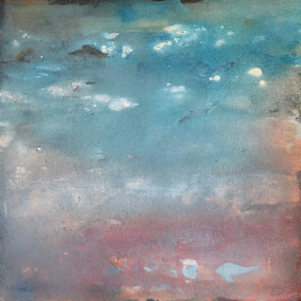Ciel et nuages, peinture abstraite réalisée en 2022 par l'artiste Roy G Sfeir, acrylique sur toile au format 50 x 50 cm, est une composition paisible avec un ciel bleu chargé de quelques nuages blancs.