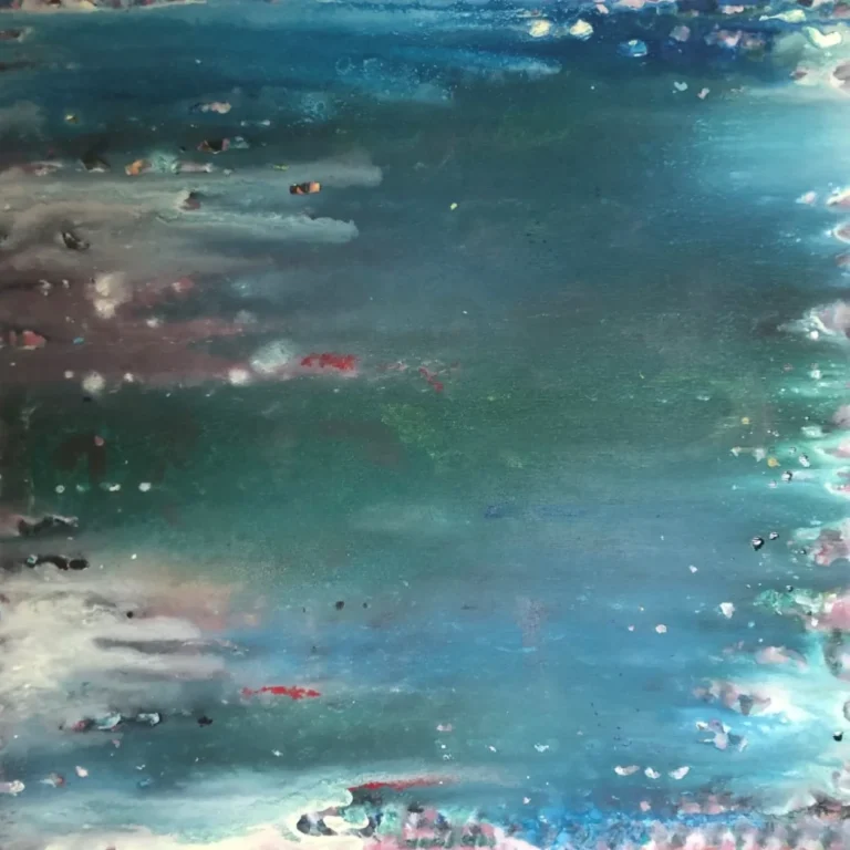 Peinture abstraite de Roy G. Sfeir intitulée " Douceur et fluidité " au format 50 x 50 cm contient de belles couleurs douces avec une allusion à la surface de l'eau...