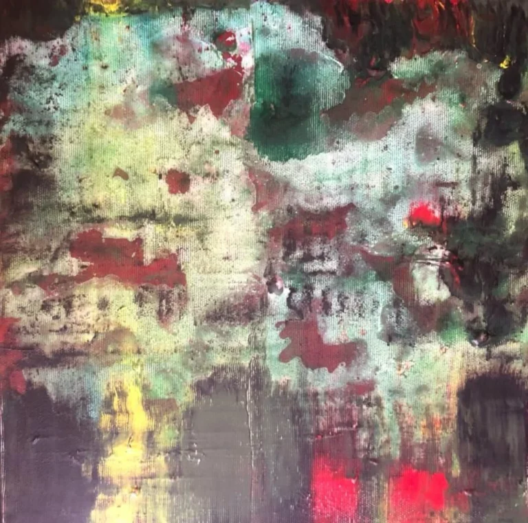 La maison sous la pluie, acrylique sur toile au format 50 x 50 cm, peinture réalisée par Roy G. Sfeir, est une composition abstraite rythmée ; ambiance humide suggérant la pluie .