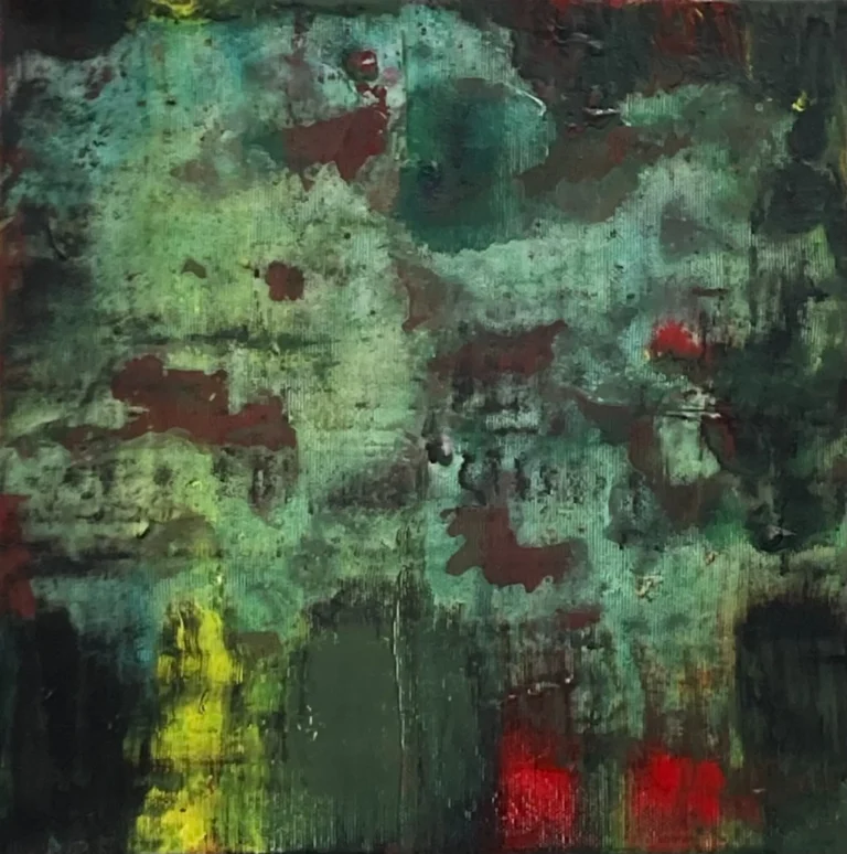 La maison sous la pluie, acrylique sur toile au format 50 x 50 cm, peinture réalisée par Roy G. Sfeir, est une composition abstraite rythmée ; ambiance humide suggérant la pluie .