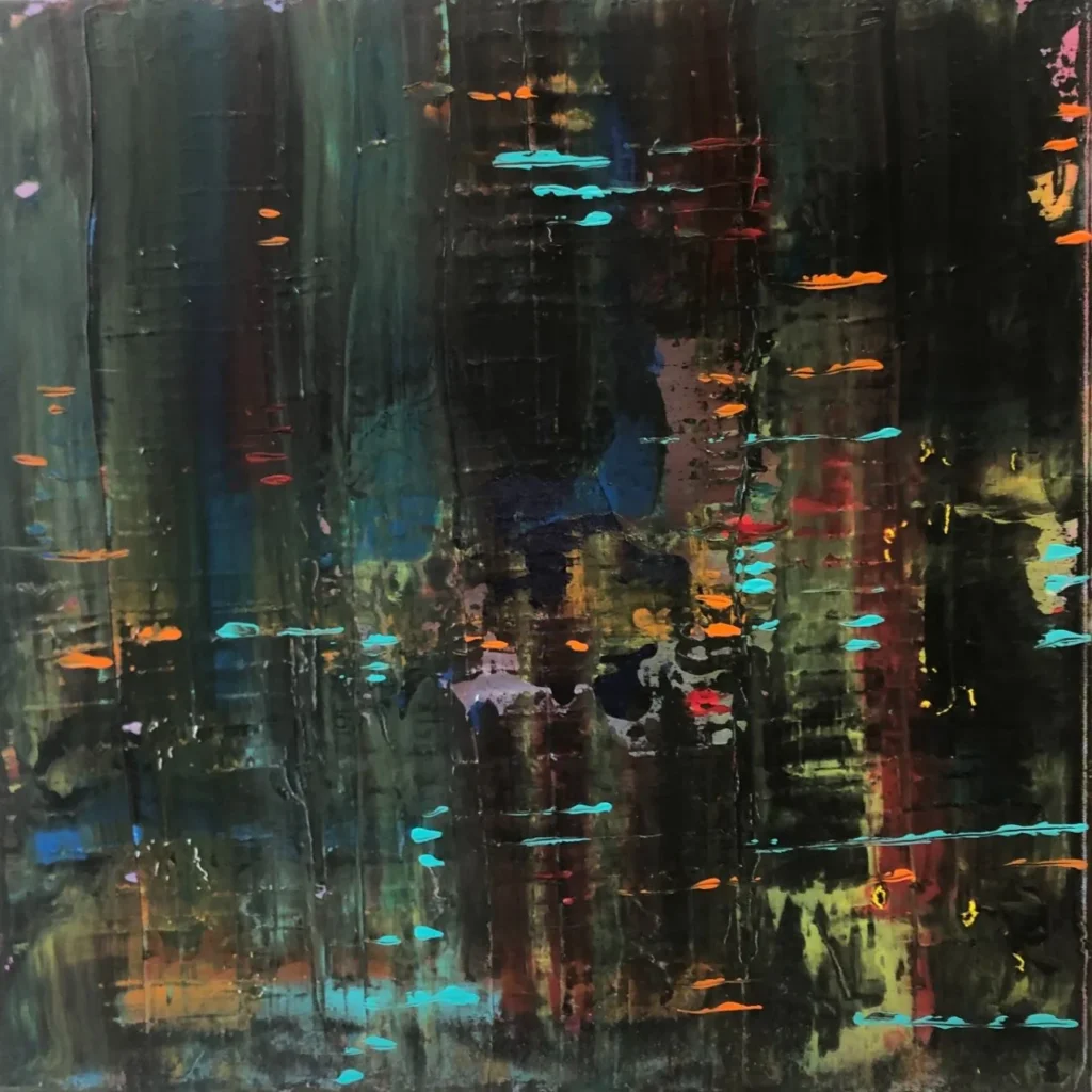 Peinture abstraite de Roy G. Sfeir intitulée " La nuit animée " au format 50 x 50 cm est un bouquet de couleurs vives et chaudes dans un beau rythme…