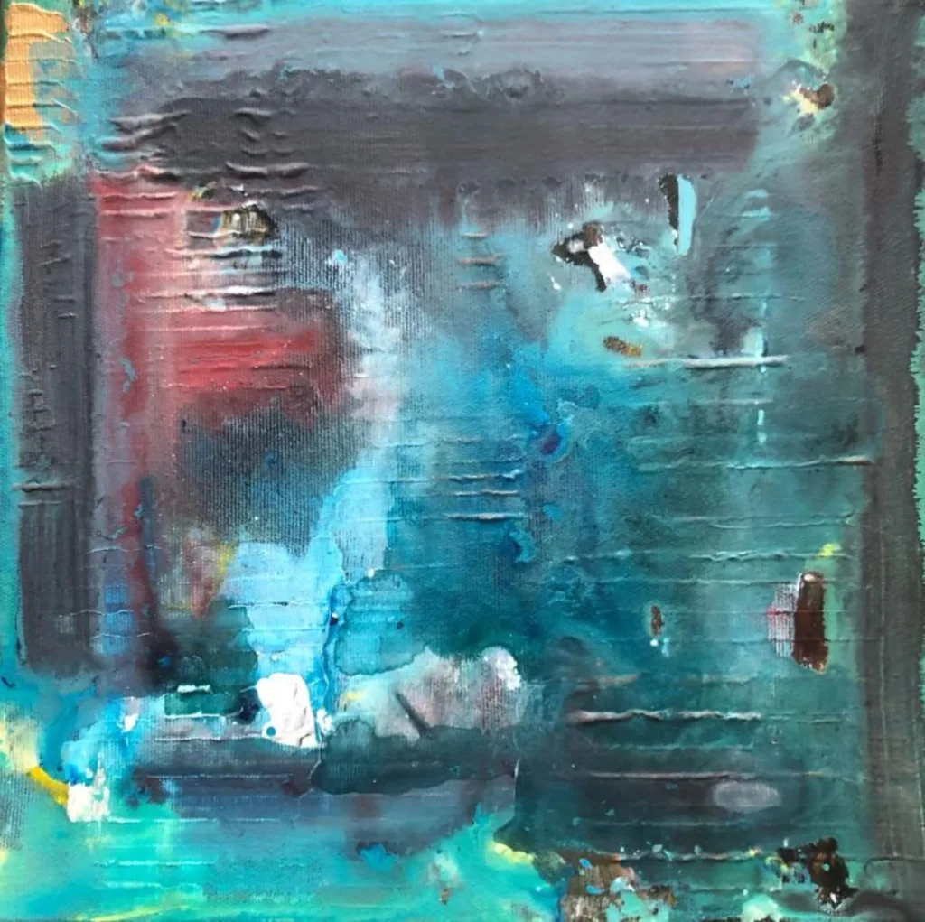 Le tableau intitulé " Le carré noir " 2025, acrylique sur toile au format 40 x 40 cm, réalisé par Roy G. Sfeir représente une sorte de porte qui s’ ouvre sur une lumière .