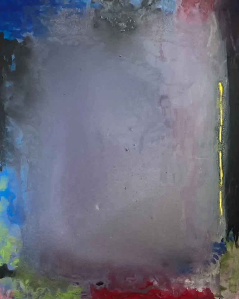 Le trait jaune, acrylique sur toile au format 100 x 80 cm est une composition harmonieuse dominant gris et blanc. Une forme noire sur la droite contenue par un trait jaune.