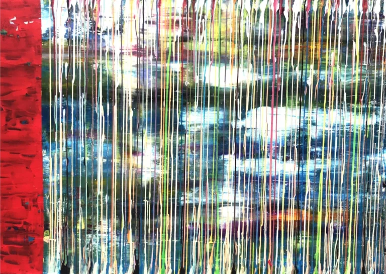 Pluie de couleurs 1, acrylique sur toile, 100 x140 cm, est une composition horizontale d'une grande force. A gauche de cette peinture réalisée par Roy G Sfeir se trouve une bande rouge bien définie qui contraste avec les couleurs verticales poétiques de la partie droite.