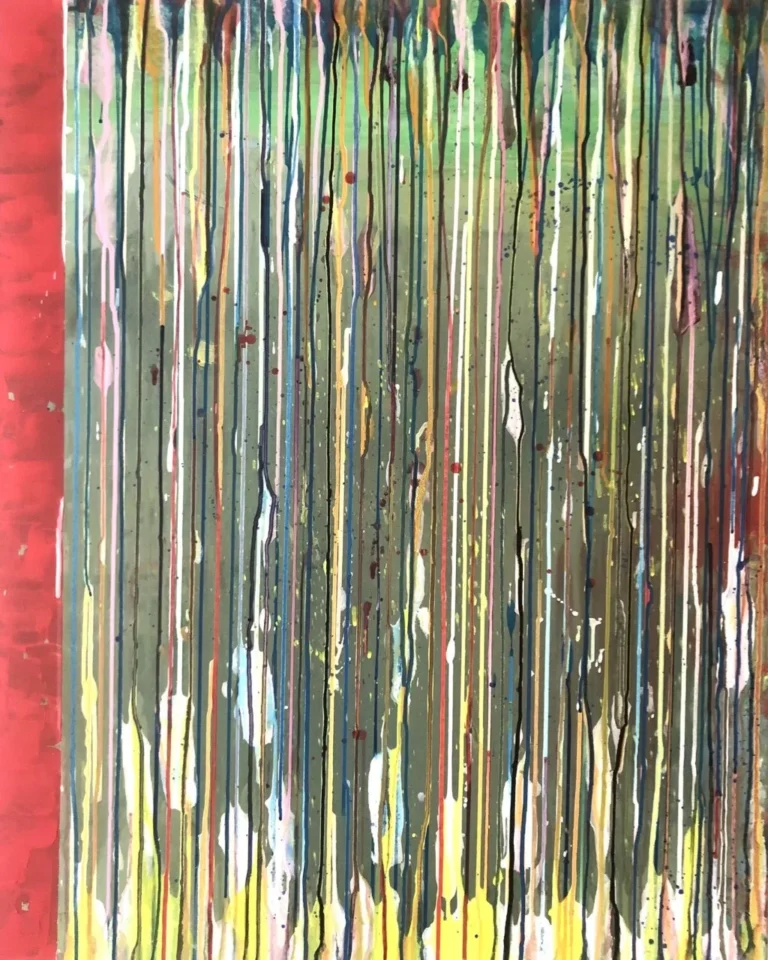 Pluie de couleurs 2 ,acrylique sur toile, 100 x 80 cm, est une composition harmonieuse de traits verticaux tels une pluie. A gauche pour contraster une bande rouge bien délimitée