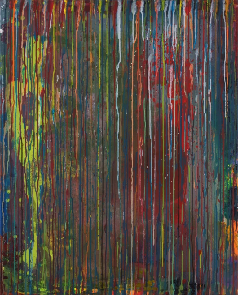 Cette œuvre vibrante intitulée " Pluie de couleurs 3 " au format 100 x 80 cm capte immédiatement l’attention par ses fines coulures verticales multicolores, créant un effet visuel fascinant. Les nuances de rouge, vert, jaune et bleu se mêlent harmonieusement, comme une pluie d’émotions sur une toile.