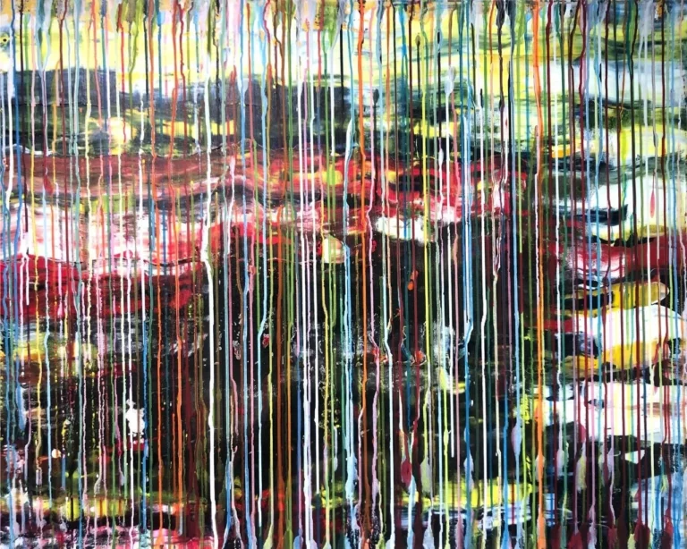 Pluie de couleurs 4, acrylique sur toile, 80 x 100 cm est une composition avec ses traits variées de couleurs vives juxtaposant une composition dans les tons blancs et noirs qui dégage une réelle poésie de couleurs.