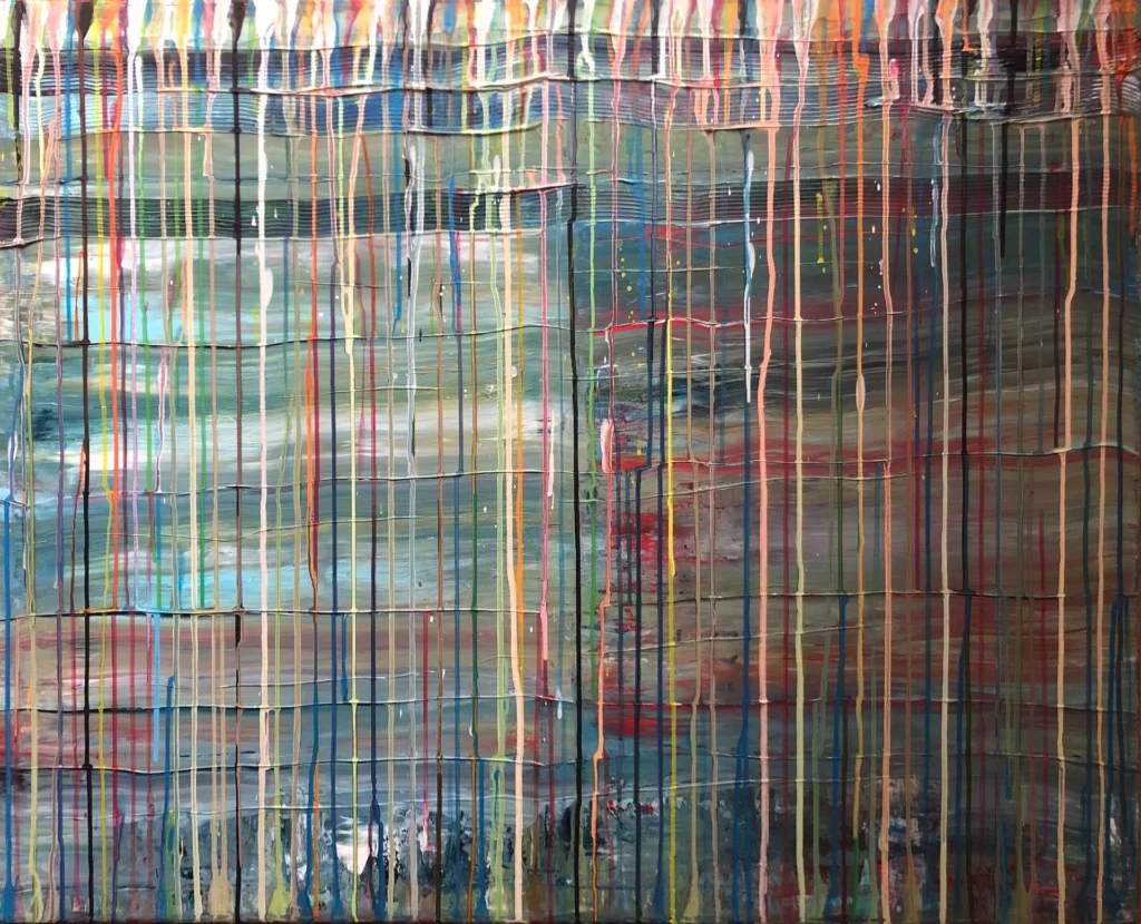 Pluie de couleurs 5, acrylique sur toile, 80 100 cm, est une toile réalisée par Roy G Sfeir en 2026 et représente des traits de couleurs harmonieux et colorés verticaux évoquant une pluie …c'est une réelle invitation au rêve.