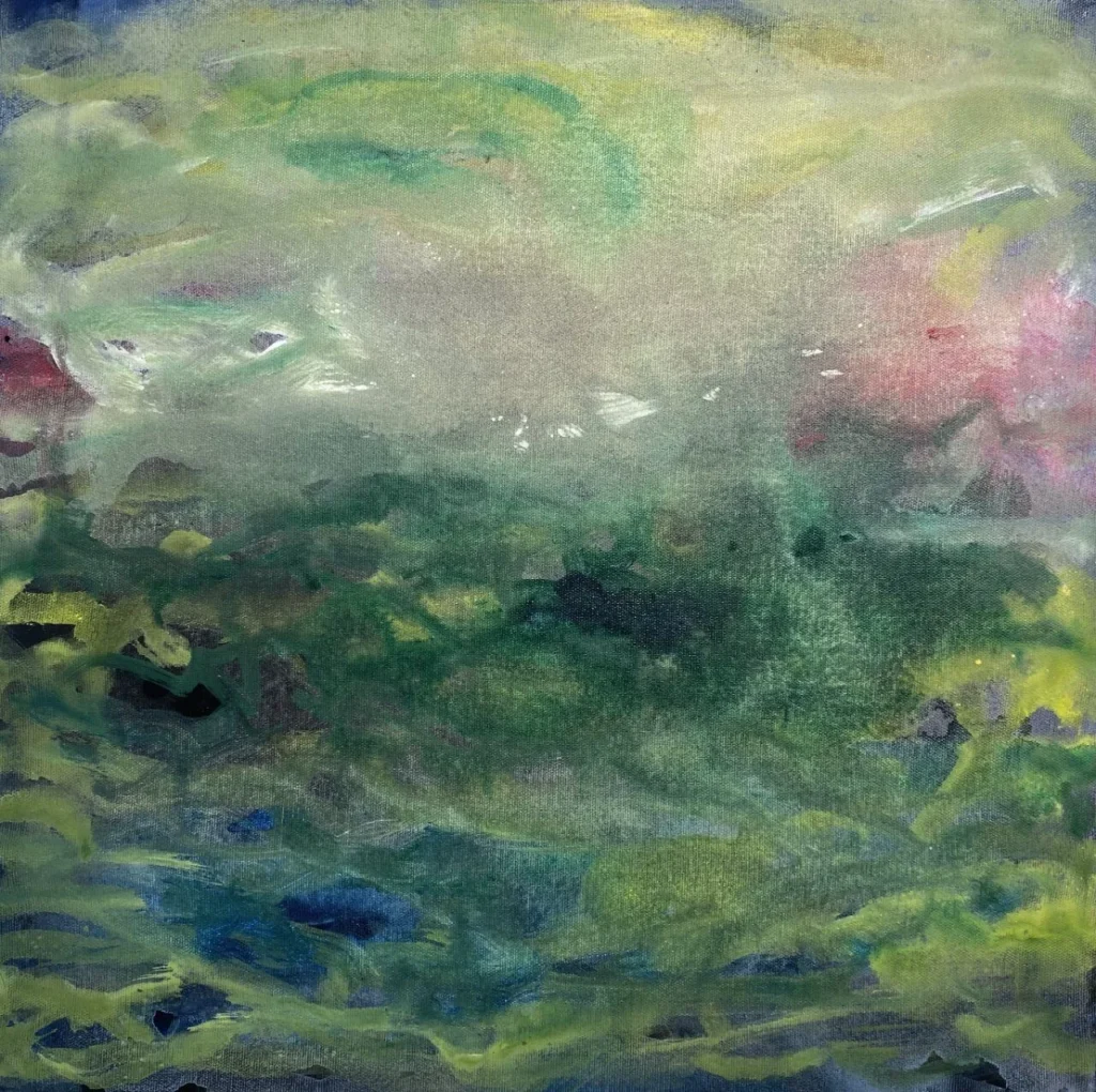 "Poésie en vert" réalisée en 2024 par Roy G. Sfeir, acrylique sur toile aux dimensions 50 x 50 cm est une composition carrée intimiste- des touches de couleur verte s’ entremêlent ….une vraie poésie.