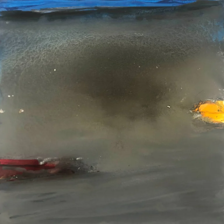 Peinture abstraite de Roy G. Sfeir intitulée " Repos paisible " au format 50 x 50 cm , une composition dépouillée sur un fond gris et neutre….les éléments prennent de la valeur.