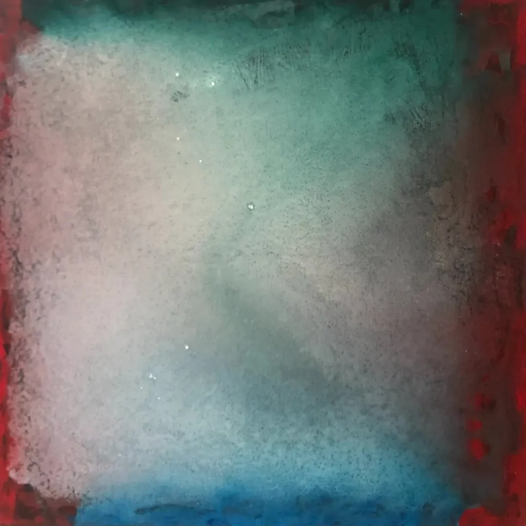 La peinture abstraite intitulée "Rouge et bleu ", acrylique sur toile au format 50 x 50 cm, est une composition carée avec une dominante bleue sur un côté et rouge au côté oppososé.