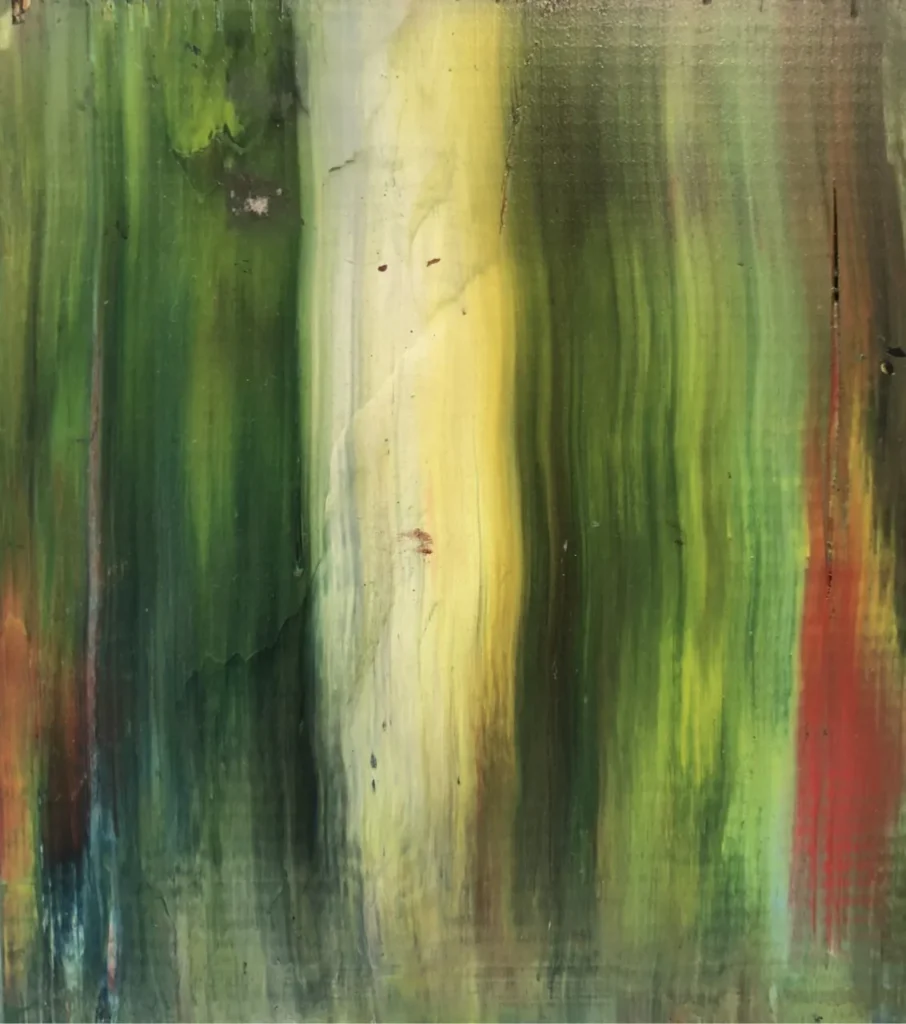 Sans titre 1, acrylique sur bois au format 17 x 15 cm réalisé par Roy G Sfeir en 2025 est une composition abstraite avec des formes verticales notamment vert et blanc.