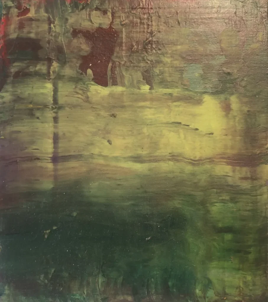 Sans titre 2, acrylique sur bois au format 17 x 15 cm réalisé par Roy G Sfeir en 2025 est un paysage abstrait s' inspirant de la nature de la forêt en particuier.