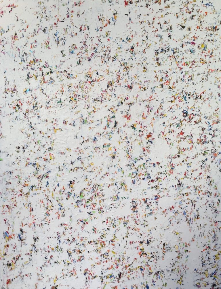 Peinture abstraite de Roy G Sfeir, Sans titre octobre 2016, acrylique sur toile; 169 x 129 cm, improvisation rythmée avec une dominante blanche et de petites traces ça et là.