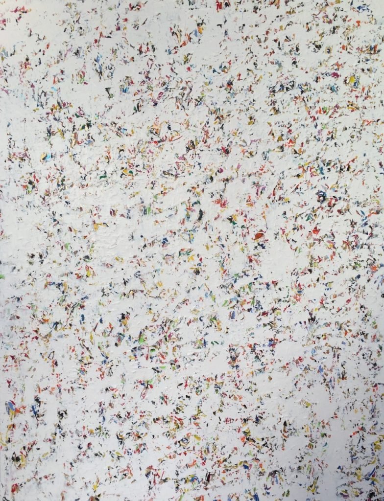 Peinture abstraite de Roy G Sfeir, Sans titre octobre 2016, acrylique sur toile; 169 x 129 cm, improvisation rythmée avec une dominante blanche et de petites traces ça et là.