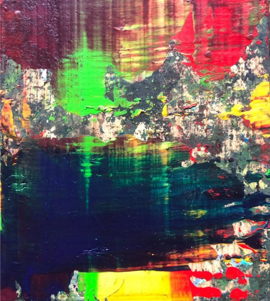 La peinture intitulée " Tumulte joyeux" 2025, acrylique sur bois au format 20 x 20 cm, réalisée par Roy G. Sfeir montre une multitude de couleurs dans un mouvement joyeux suggérant un lac .
