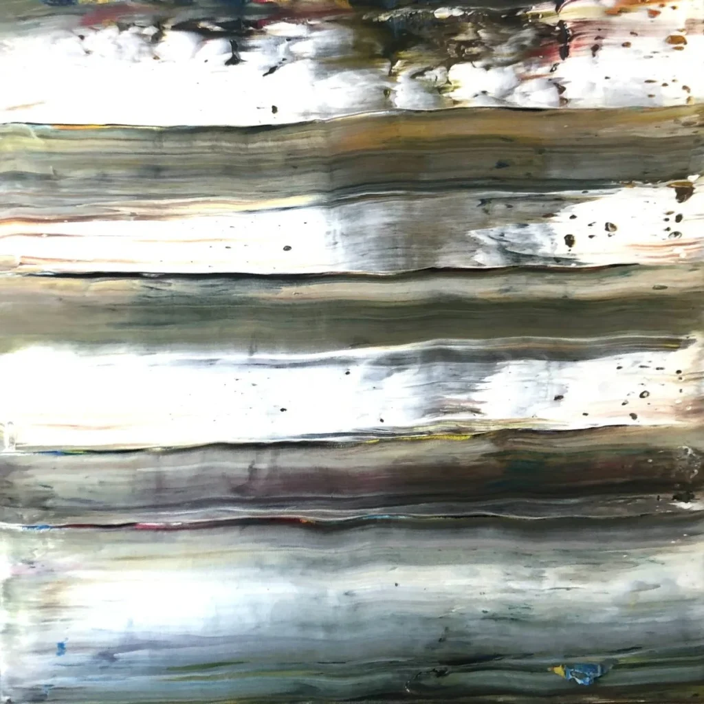 Vitesse et rythme, acrylique sur toile au format 50 x 50 cm, réalisée par l'artiste Roy G Sfeir, représente un paysage de campagne vu depuis un train à haute vitesse .