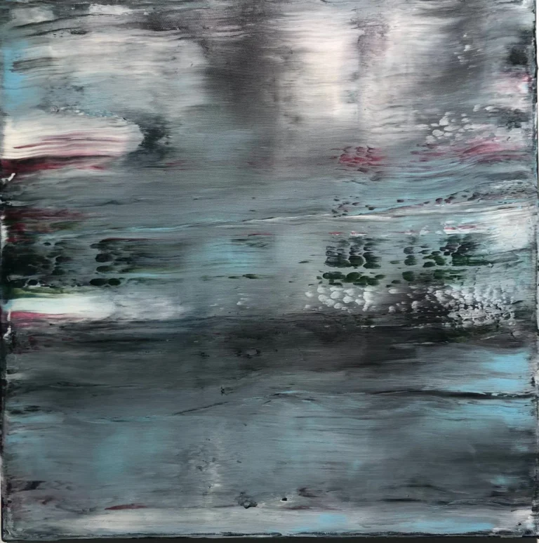 La peinture " Vitesse et vibrations " , acrylique sur toile, 40 x 40 cm, est une composition abstraite carrée qui donne une impression de vitesse, comme le spectacle par la fenêtre d'un train à grande vitesse.